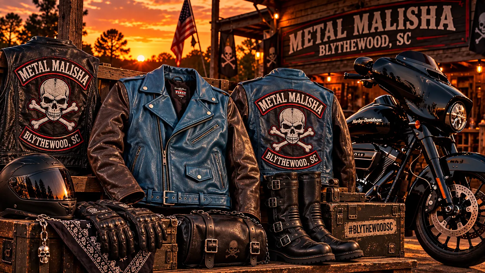 Metal Malisha MC jackets and vests with the club patch, a helmet, gloves, boots and a motorcycle in front of a Metal Malisha, Blythewood SC sign at sunset