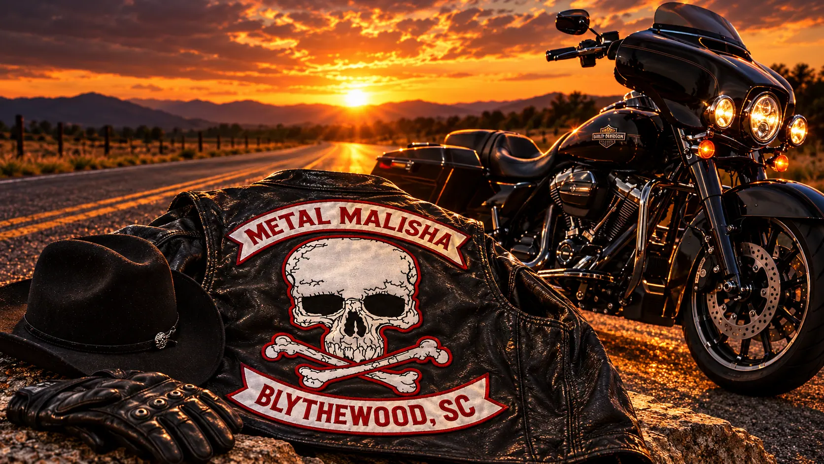 A Metal Malisha MC jacket with the club patch beside a Harley-Davidson on an open road at sunset